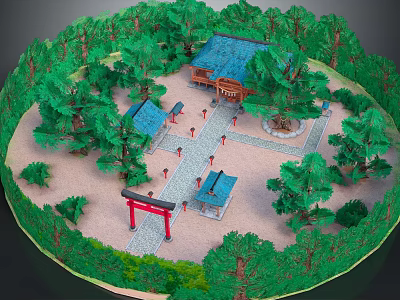 Cartoon Scene of Traditional Japanese Red Torii Gate Green Trees Sand Ground and People 3d model