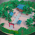 Cartoon Scene of Traditional Japanese Red Torii Gate Green Trees Sand Ground and People