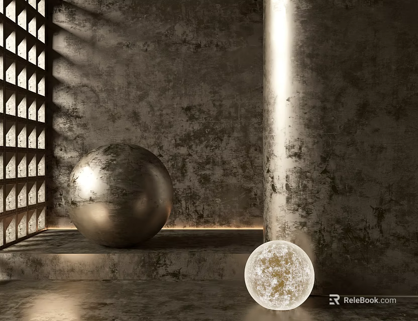 Metallic Sphere And Circular Decor In Rough Wall Interior With Grid Window And Warm Light 3d model 