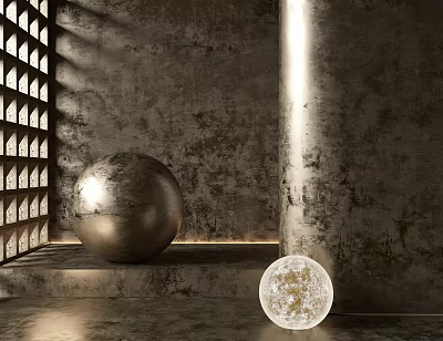 Metallic Sphere And Circular Decor In Rough Wall Interior With Grid Window And Warm Light 3d model
