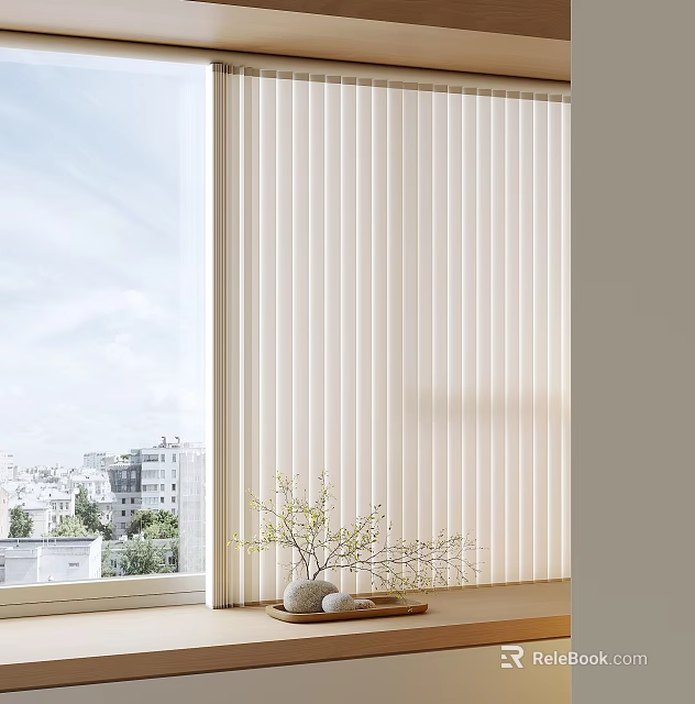White Vertical Blinds For Window With City View And Decorative Plants 3d model