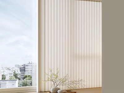 White Vertical Blinds For Window With City View And Decorative Plants 3d model