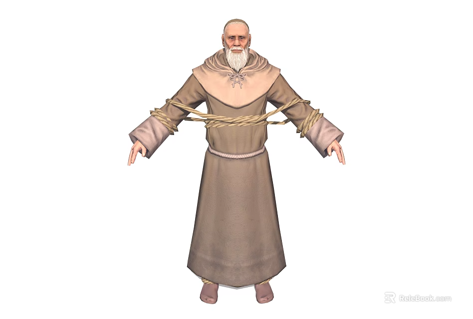 Bald Elderly Man With White Beard Tied By Ropes In Brown Robe Arms Outstretched 3d model 