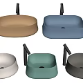 Multiple Modern Washbasins In Various Colors Round And Square Shapes With Black Faucets