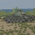 Green Military Tank in Field with Trees Mountains and Another Tank in Background
