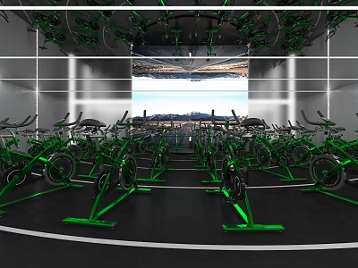 Modern Fitness Studio With Green Spin Bikes Large Screen Showing Outdoor Scenery And Mirror Walls 3d model