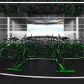 Modern Fitness Studio With Green Spin Bikes Large Screen Showing Outdoor Scenery And Mirror Walls