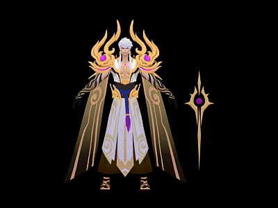 White Haired Character In Ornate Costume With Golden Flame Like Wings And Purple Gem Staff 3d model