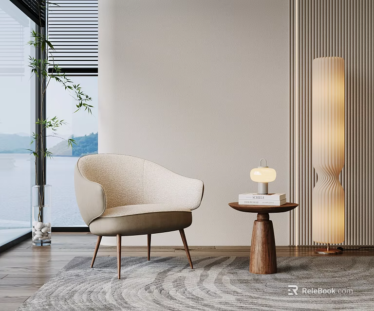 Modern Beige Single Sofa With Side Table Lamp Books Floor Lamp And Plant By Window 3d model 