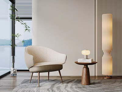 Modern Beige Single Sofa With Side Table Lamp Books Floor Lamp And Plant By Window 3d model