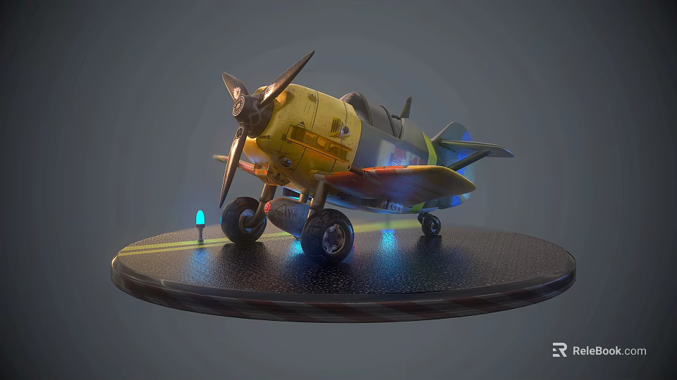 Vintage Model Airplane Display With Black Circular Base And Blue LED Lights 3d model 
