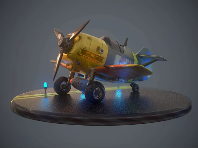 Vintage Model Airplane Display With Black Circular Base And Blue LED Lights 3d model