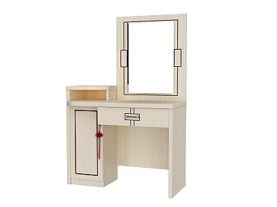 Light Wood Dressing Table Featuring Framed Mirror Drawer And Cabinet With Red Accent 3d model