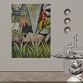 Vibrant Floral Oil Painting Featuring Tropical Plants And Flamingo In Interior Decor