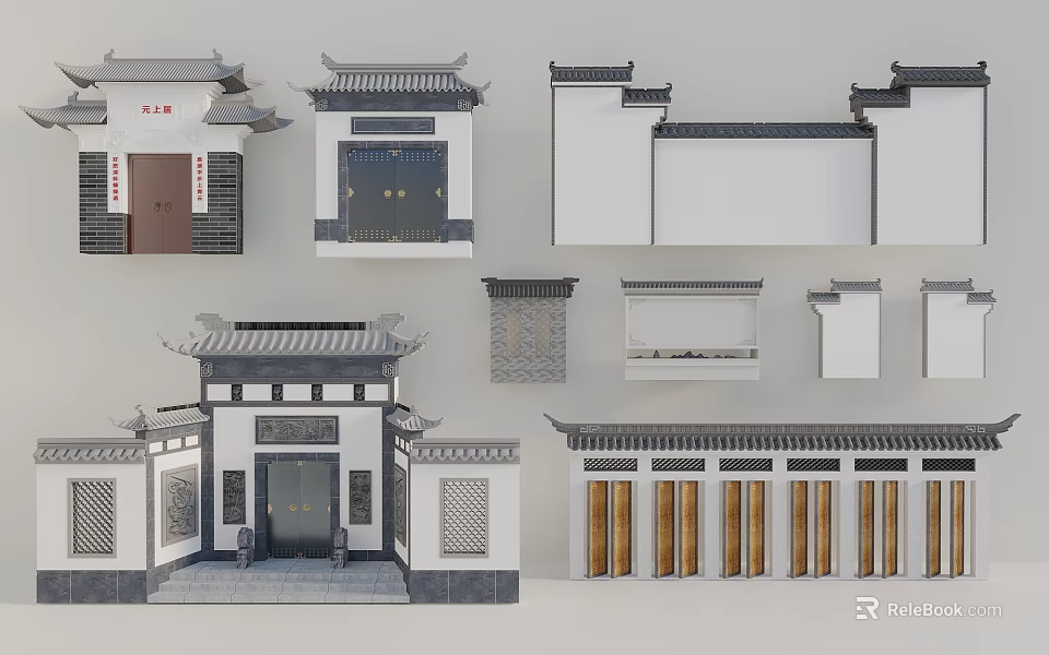 Traditional Chinese Doorway Facade With Classic Cornices Carvings Wooden Doors And Tile Roofs 3d model 