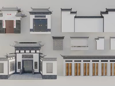 Traditional Chinese Doorway Facade With Classic Cornices Carvings Wooden Doors And Tile Roofs 3d model