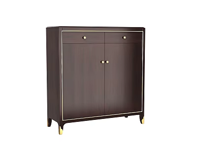 Elegant Dark Wood Storage Cabinet With Double Doors Two Drawers And Gold Legs 3d model