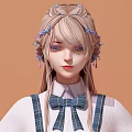 Woman With Long Light Hair And Blue Hair Accessories Wearing White Knit Sweater And Plaid Overalls