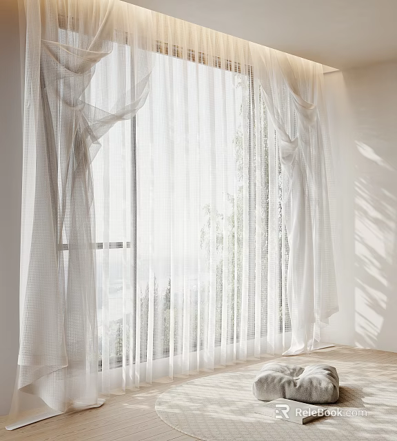 White Sheer Curtains With Flowy Drapes Letting Sunlight Through And Tree Shadows 3d model 