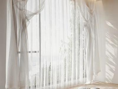 White Sheer Curtains With Flowy Drapes Letting Sunlight Through And Tree Shadows 3d model