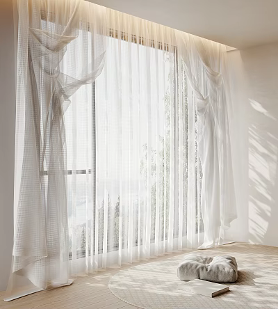White Sheer Curtains With Flowy Drapes Letting Sunlight Through And Tree Shadows 3d model