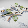 Modern Curved Landscape Seats With Green Trees And Architectural Model 3d model