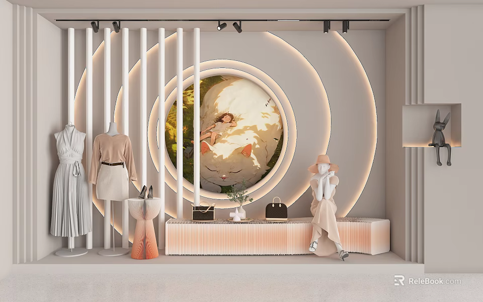 Modern Clothing Store Featuring Mannequins Stylish Outfits Circular Decorative Painting Soft Lighting And Display Stand 3d model 