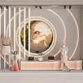 Modern Clothing Store Featuring Mannequins Stylish Outfits Circular Decorative Painting Soft Lighting And Display Stand