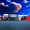 Modern Audi RS Showroom Exterior With Red Blue Clouds And Parked Vehicles