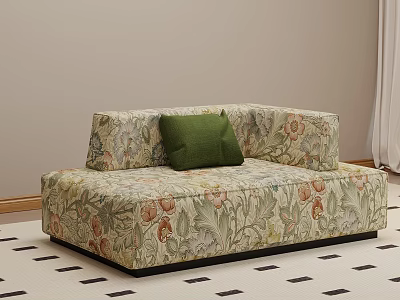 Floral Patterned Chaise Lounge With Green Cushion On Black And White Checkered Rug 3d model