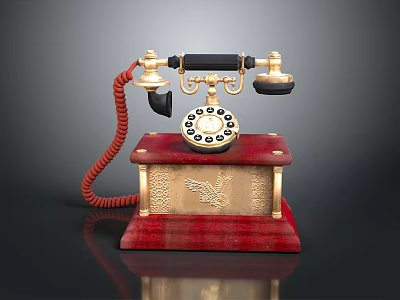 Vintage Telephone With Red Wooden Base Gold Accents And Eagle Carving 3d model