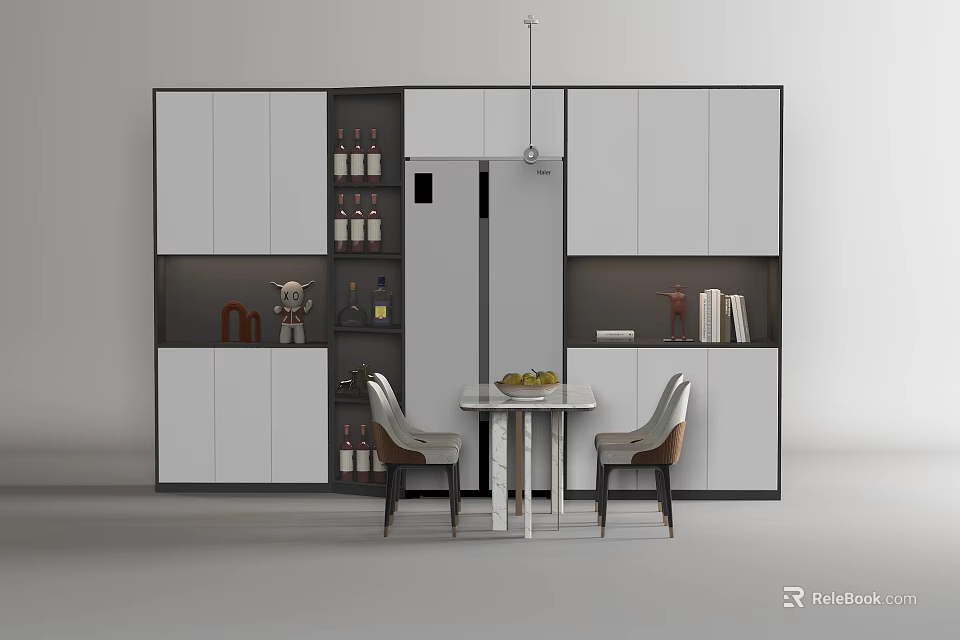 Modern Dining Table Set With Two Chairs White Cabinets And Storage Space 3d model