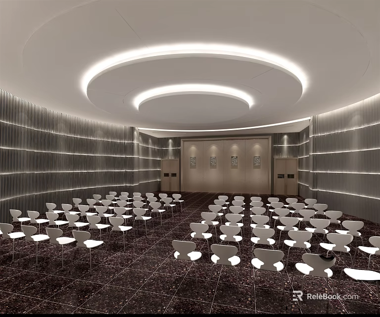 Modern Conference Room With White Chairs Gray Striped Walls And Circular Ceiling Lights 3d model 