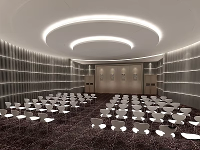 Modern Conference Room With White Chairs Gray Striped Walls And Circular Ceiling Lights 3d model