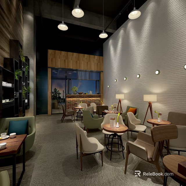 Modern Café Interior Design With Varied Seating Warm Lighting And Green Plants 3d model 