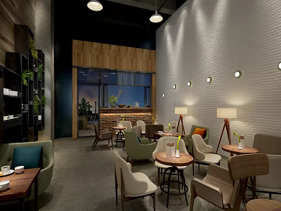 Modern Café Interior Design With Varied Seating Warm Lighting And Green Plants 3d model