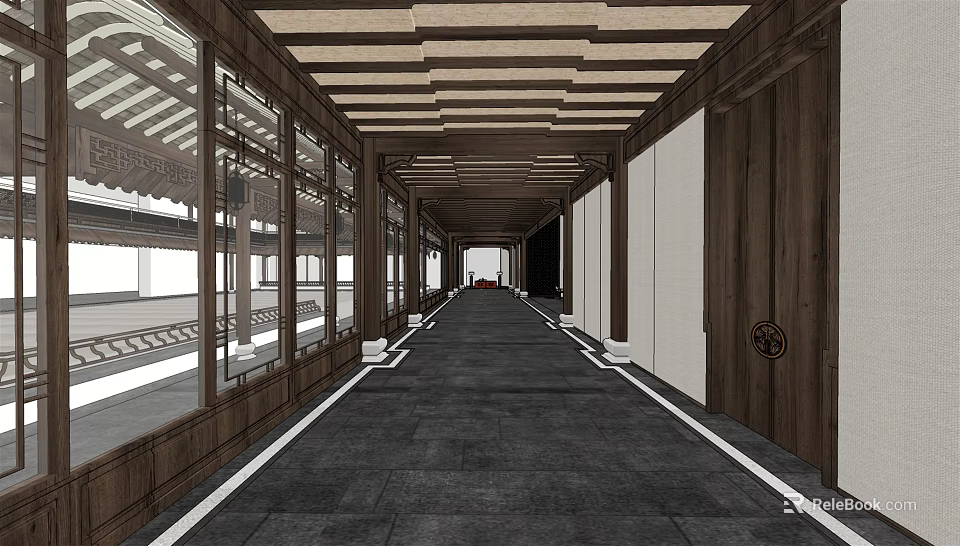 Chinese Style Elevator Hallway With Wooden Beams Dark Floor And Traditional Windows 3d model 