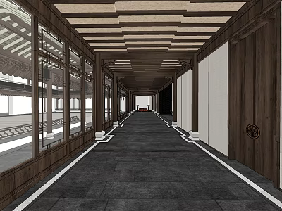 Chinese Style Elevator Hallway With Wooden Beams Dark Floor And Traditional Windows 3d model