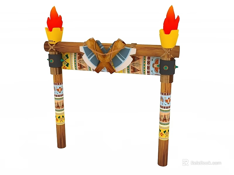 Traditional Wooden Hinged Door With Colorful Patterns And Flame Decorative Design 3d model 