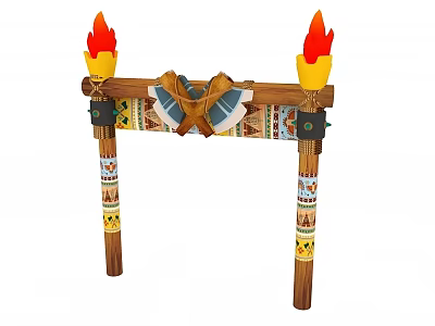 Traditional Wooden Hinged Door With Colorful Patterns And Flame Decorative Design 3d model