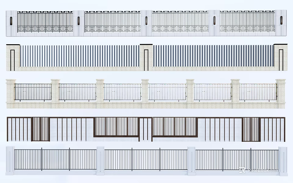 Building Exterior Wall with Various Stylish Railing Designs and Decorative Patterns 3d model