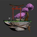 Japanese Zen Garden Scene With Red Torii Gate Pink Cherry Blossom And Stream