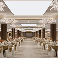 Luxurious Banquet Hall With Chandeliers Tables Chairs Golden Decor And Large Screen