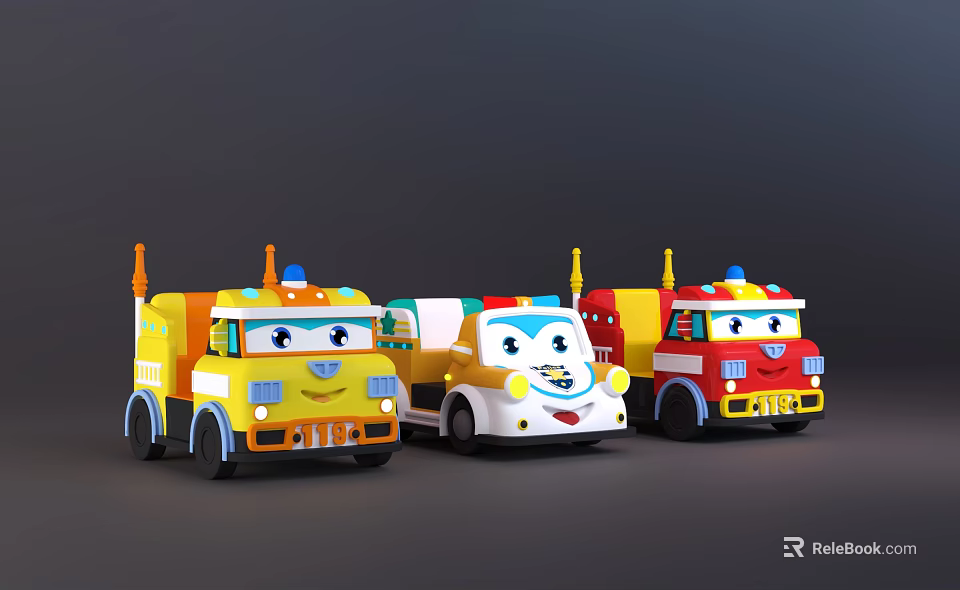 Colorful Cartoon Toy Trucks With Smiling Faces For Kids Playground Equipment 3d model 