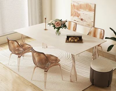 Modern White Dining Table Set With Transparent Acrylic Chairs And Floral Arrangement 3d model
