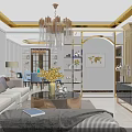 Modern Elegant Living Dining Room Interior With Beige Sofa Gray Pillows Yellow Flowers Chandelier TV