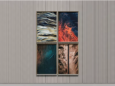 Set of Four Natural Texture Wall Art with Blue Orange Tones on Gray Striped Wall 3d model