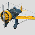 Blue and Yellow Vintage Biplane Fighter Aircraft with U.S. Star Insignia and American Flag Tail