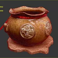 Traditional Yellow Brown Ceramic Jar With Decorative Carvings Red String And Wooden Base
