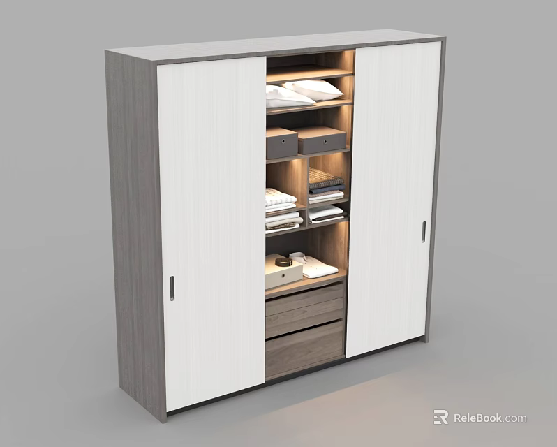 Modern Wardrobe With White And Gray Double Doors Drawers Shelves Folded Clothes And Storage Boxes 3d model 